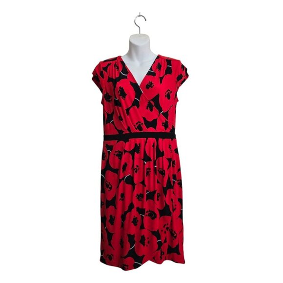 New York & Company Red Poppy Faux Wrap Jersey Knit Mini Shift Dress Sz M - Picture 1 of 9